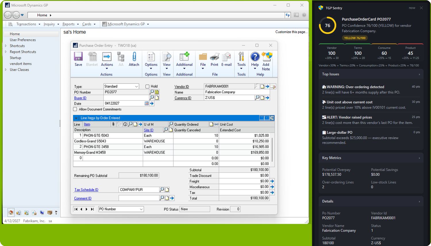 Microsoft Dynamics GP Purchase Order Entry running with the TGP Sentry intelligence panel alongside it, showing a PO confidence score of 76 out of 100.