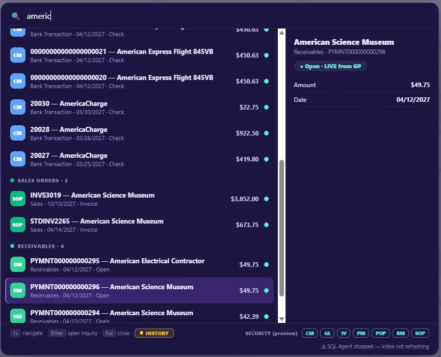 Universal search across live and historical GP data