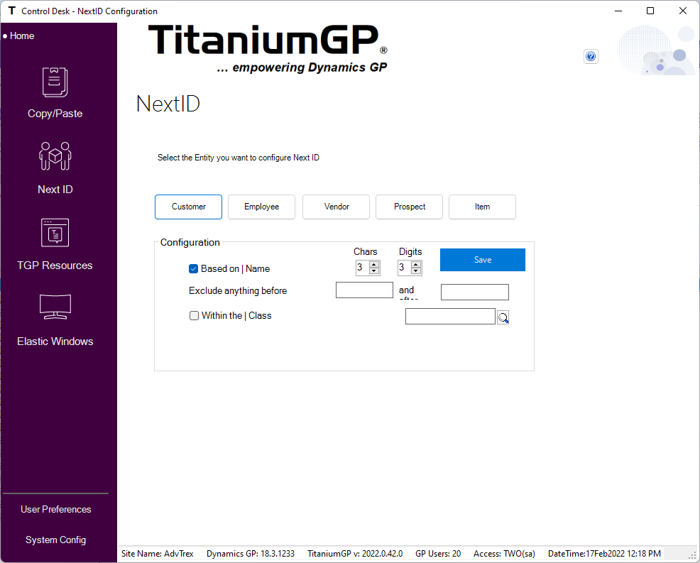 NextId in TitaniumGP Control Desk