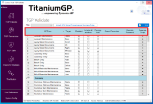 A screenshot from TGP Validate showing the columns with TGP's configuration components outlined in red.